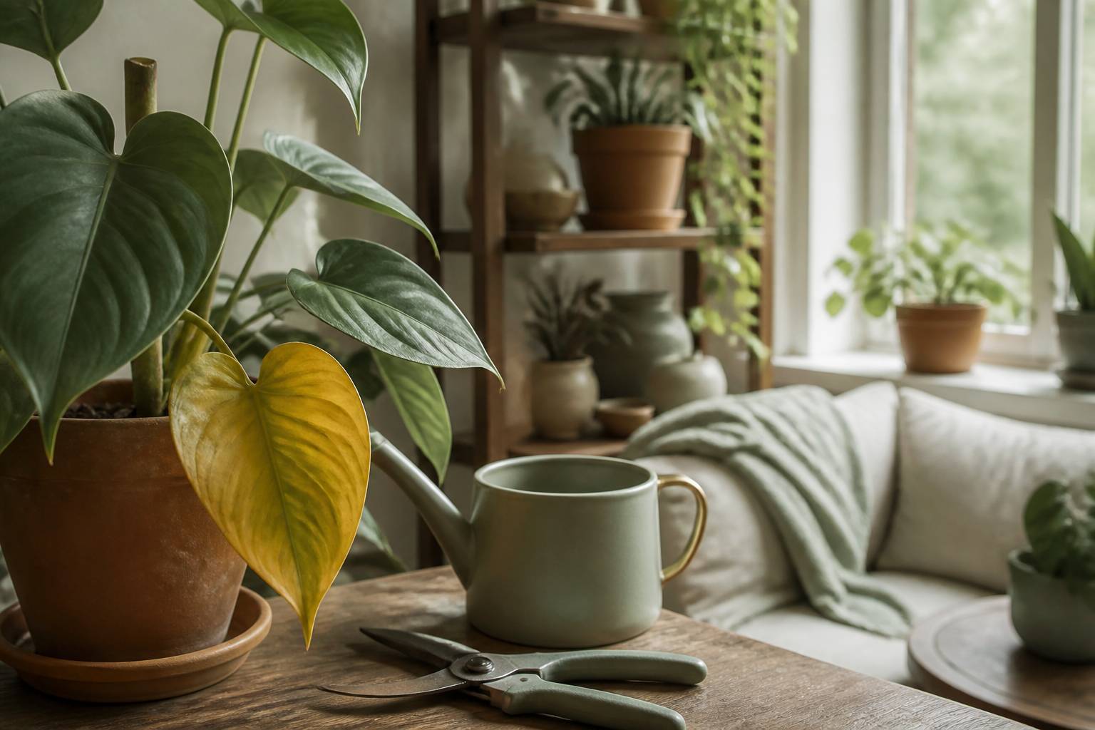 Plantes en pot dans un salon lumineux avec une feuille jaunissante