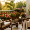Balcon ensoleillé avec des fleurs en pot en pleine floraison en terre cuite