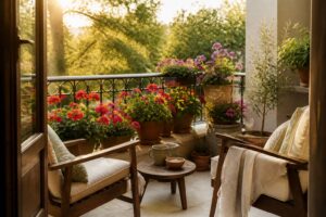 Balcon ensoleillé avec des fleurs en pot en pleine floraison en terre cuite