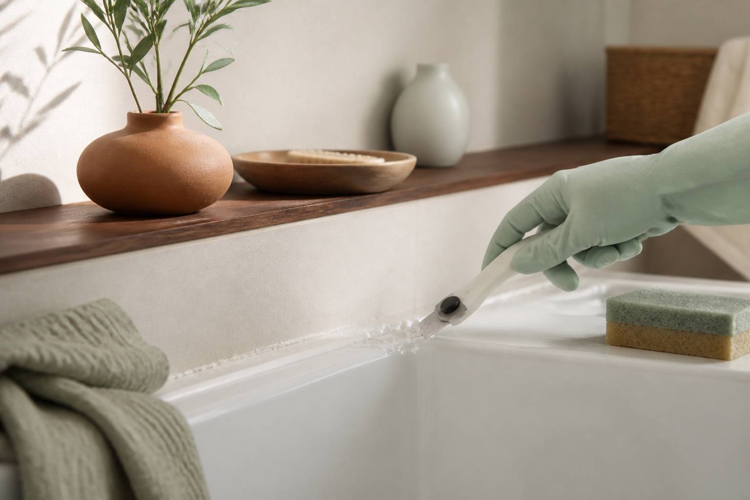 Main gantée grattant un ancien joint silicone sur le rebord d'une baignoire