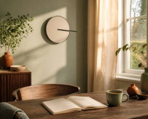 Horloge murale minimaliste dans un bureau ensoleillé