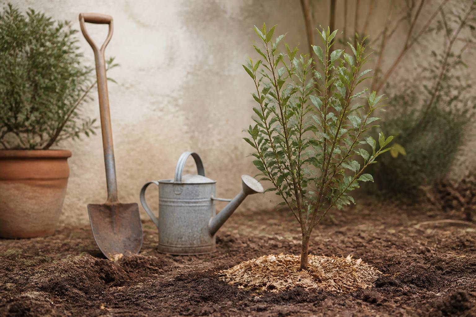 Jeune arbousier planté avec motte, paillage et arrosoir dans un jardin