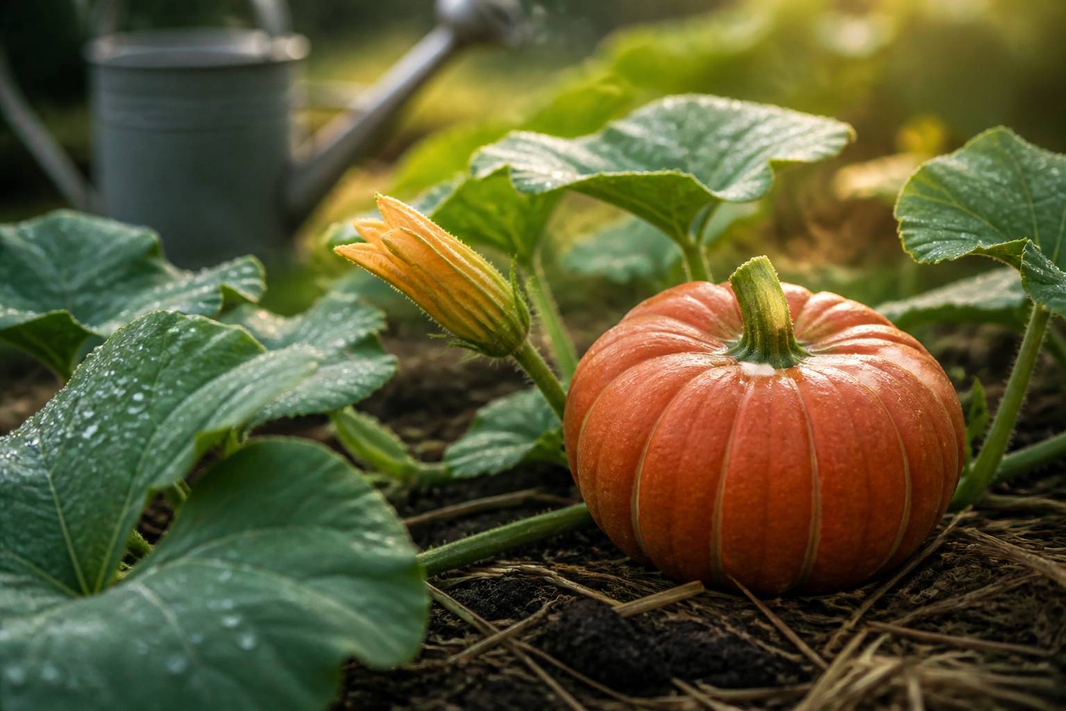 Jeune potiron orange strié posé sur la terre avec grandes feuilles, fleur jaune et gouttes d'eau