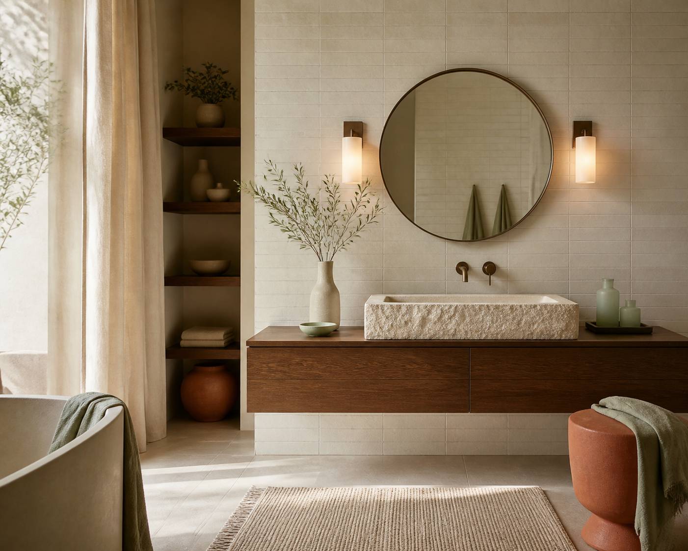 Lavabo en pierre avec miroir rond et éclairage chaud