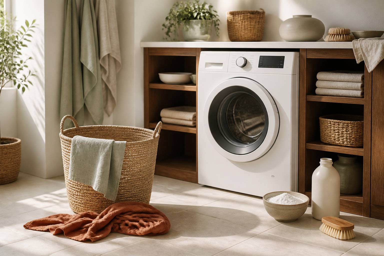 Lave-linge avec panier de linge et produits de prétraitement neutres posés dessus