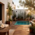 Mini piscine compacte dans un petit jardin urbain avec terrasse en bois