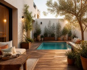 Mini piscine compacte dans un petit jardin urbain avec terrasse en bois