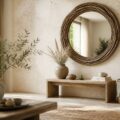 Miroir rond en bois flotté au-dessus d'une console en bois clair