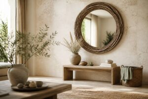 Miroir rond en bois flotté au-dessus d'une console en bois clair