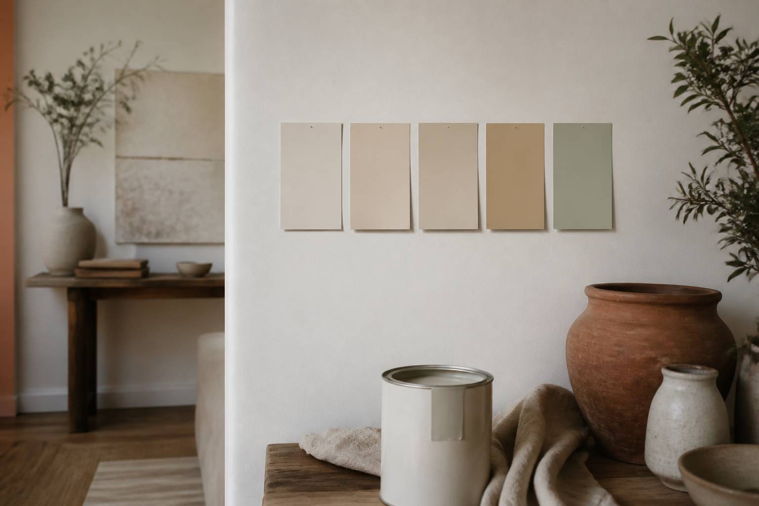 Échantillons de peinture beige alignés avec pot de peinture