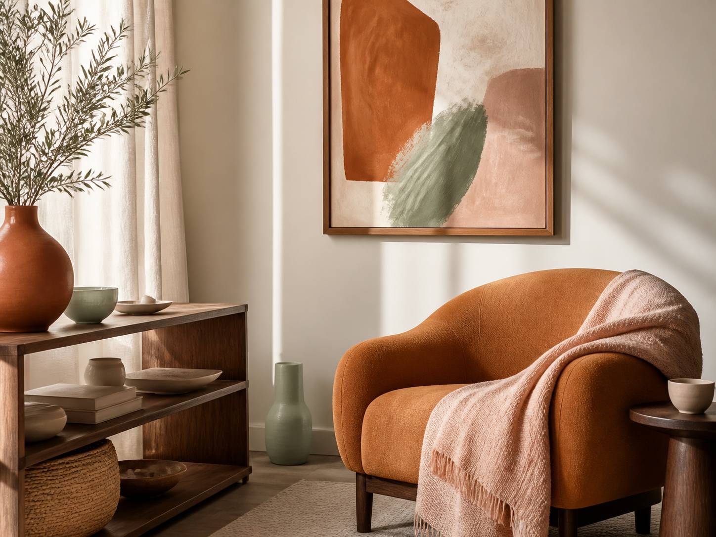Coin déco avec fauteuil ambre, jeté rose grisé et vase en céramique terracotta