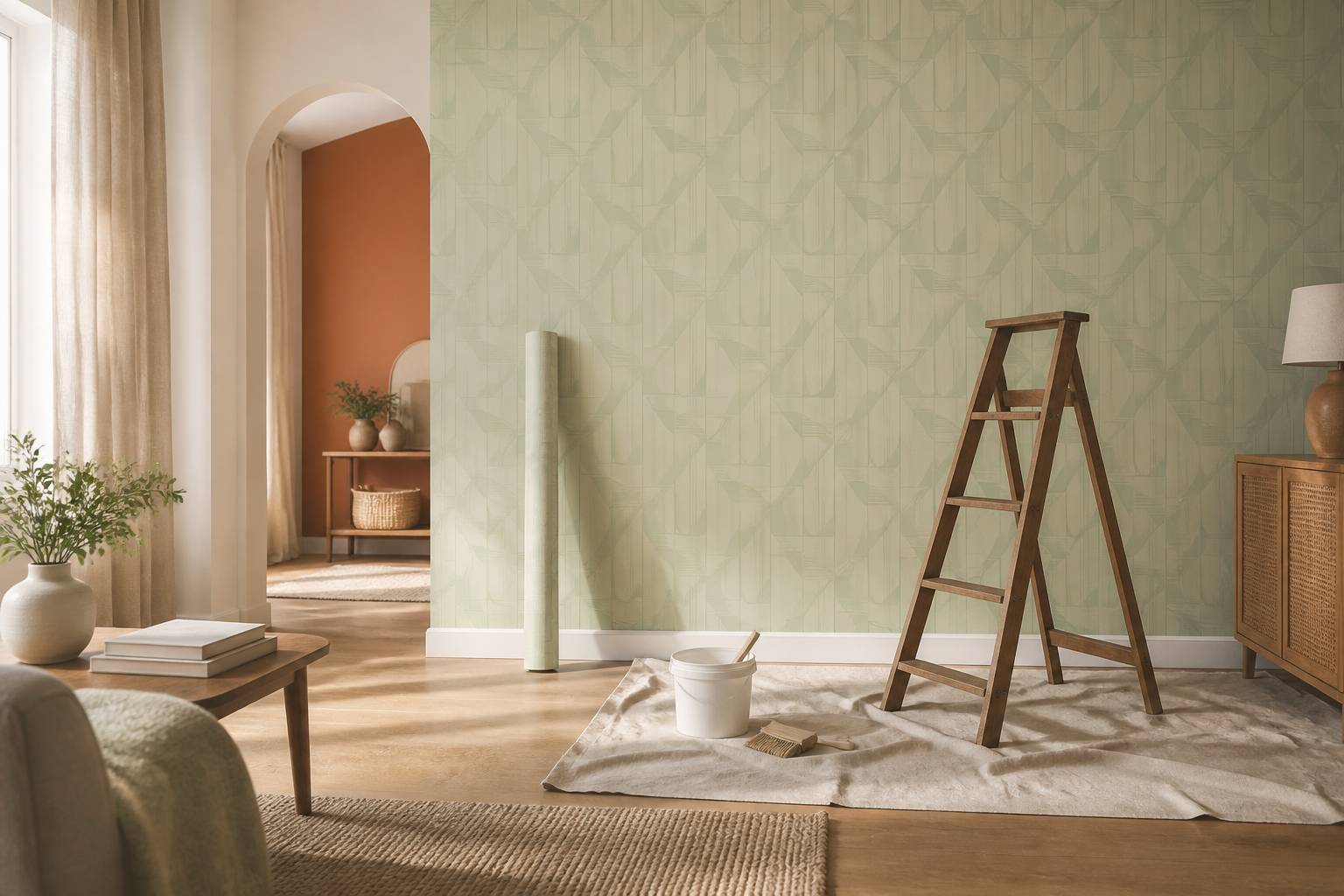 Mur couvert d'un papier peint intisse a motif geometrique vert sauge avec materiel de pose