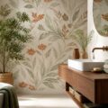 Salle de bains moderne avec papier peint à motif végétal et serviettes