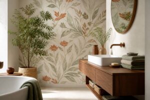 Salle de bains moderne avec papier peint à motif végétal et serviettes