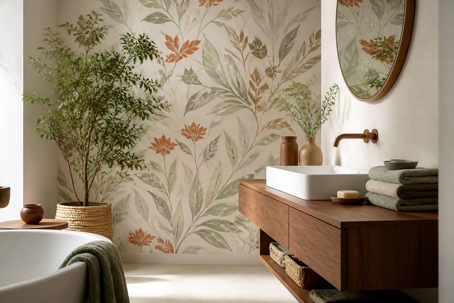 Salle de bains moderne avec papier peint à motif végétal et serviettes