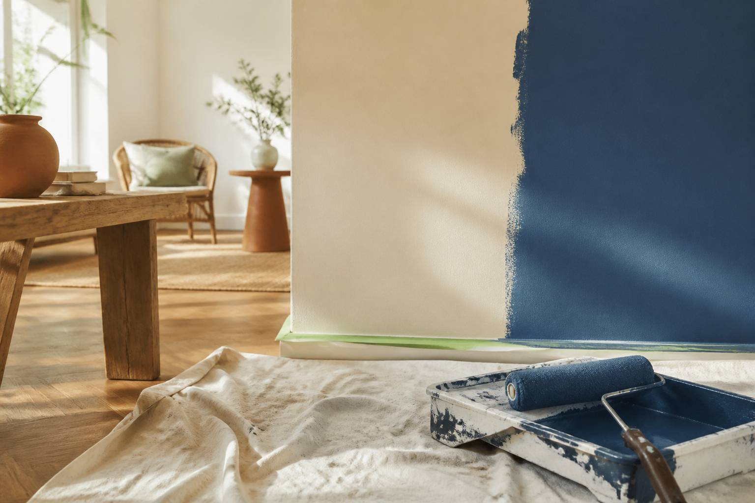 Rouleau et bac à peinture devant un mur bicolore bleu et beige en cours