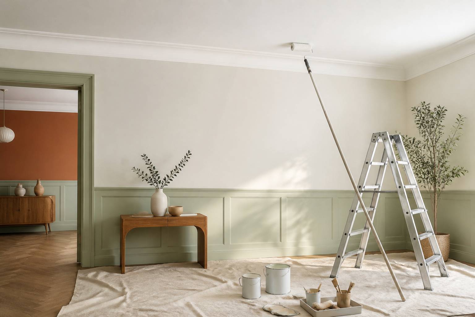 Pièce lumineuse avec plafond fraîchement peint et matériel de peinture