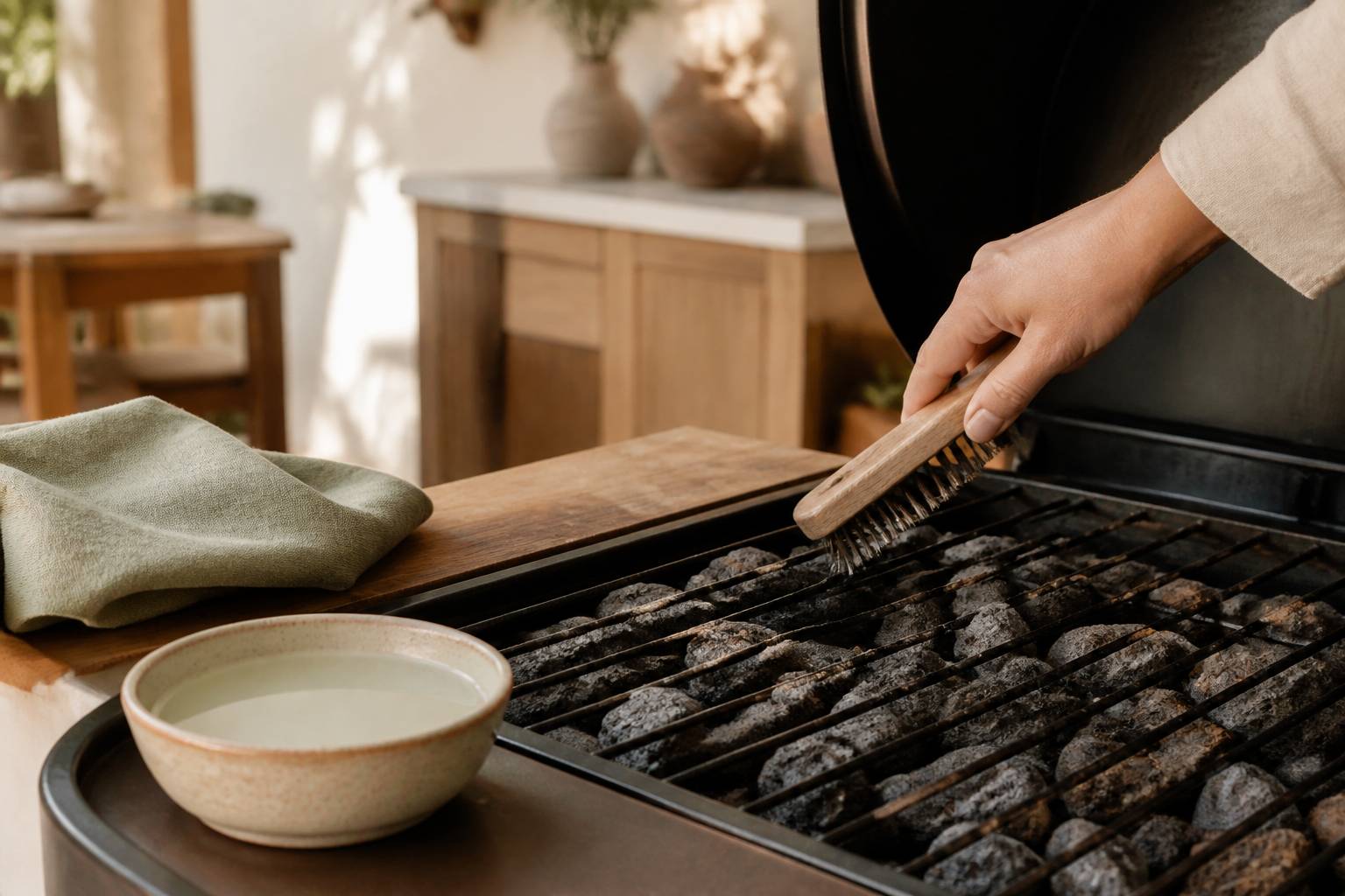 Main brossant des pierres de lave sur une grille de barbecue