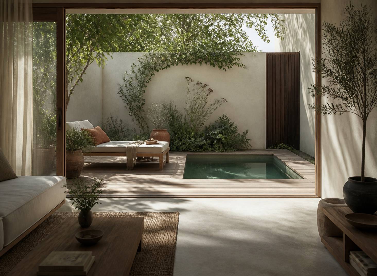 Mini piscine encastrée dans une terrasse avec transat et plantes
