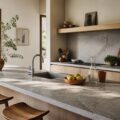 Cuisine moderne avec un plan de travail en pierre naturelle grise aux veines délicates