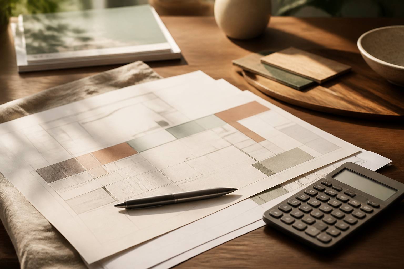 Plans de construction avec calculatrice et stylo sous une lumière chaude