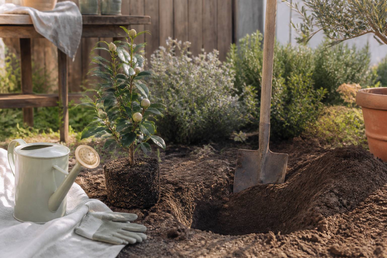 Plantation d'un camélia en pleine terre avec une bêche et un arrosoir