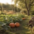 Potager de fin d'été avec potirons orange, grandes feuilles vertes, fleurs jaunes et arrosoir