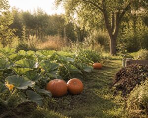 Potager de fin d'été avec potirons orange, grandes feuilles vertes, fleurs jaunes et arrosoir