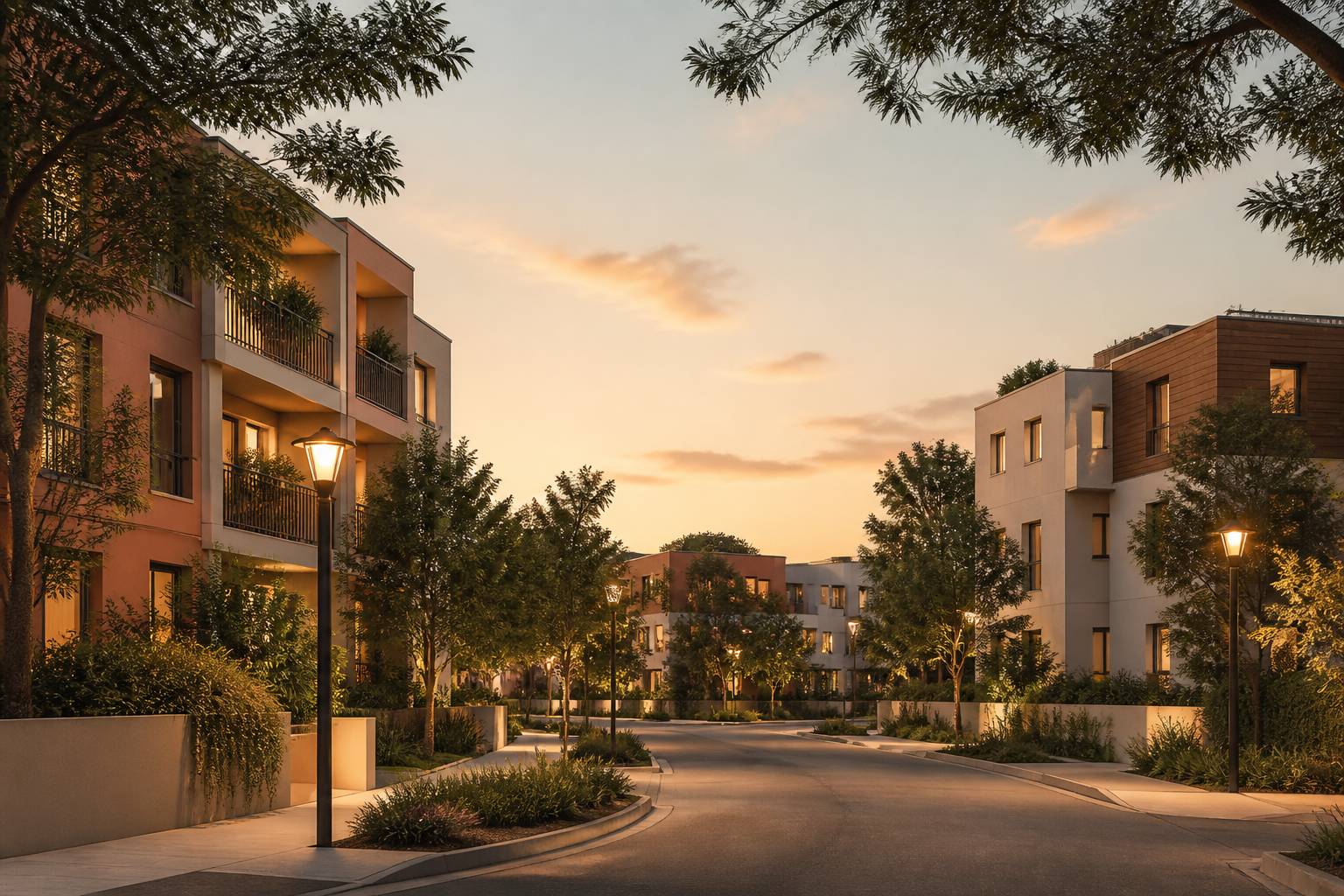 Quartier résidentiel calme avec une rue éclairée et des arbres