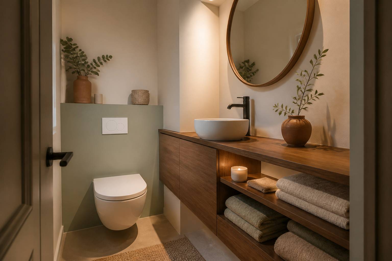 Étagères en bois avec serviettes pliées et petit lave-mains dans des WC aménagés