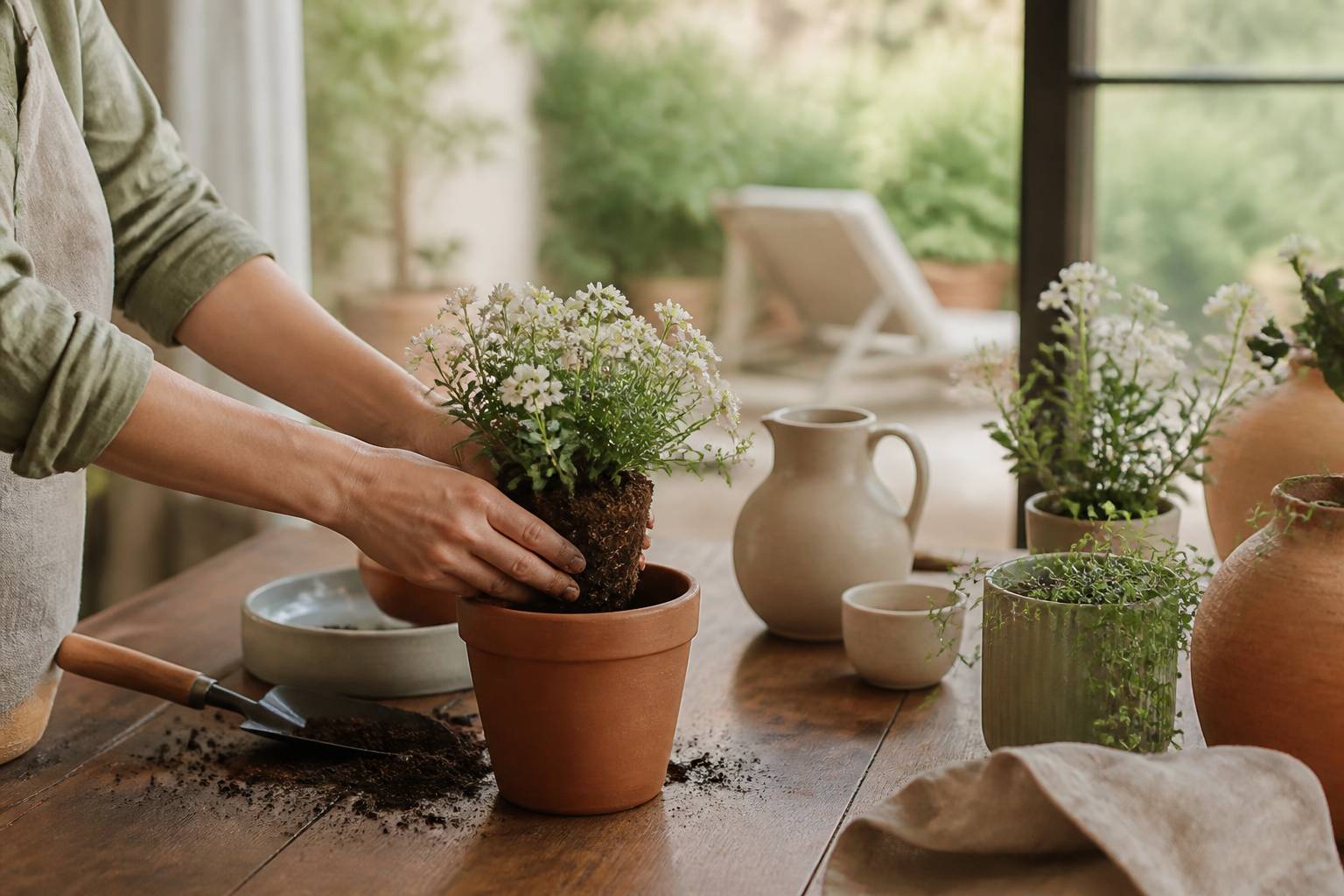 Mains rempotant une fleur en pot avec terreau et pot en terre cuite