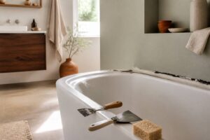 Salle de bains avec baignoire blanche et ancien joint silicone noirci à retirer