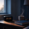 Réveil numérique affichant 05h05 dans une chambre à l'aube