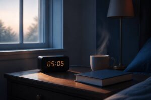 Réveil numérique affichant 05h05 dans une chambre à l'aube