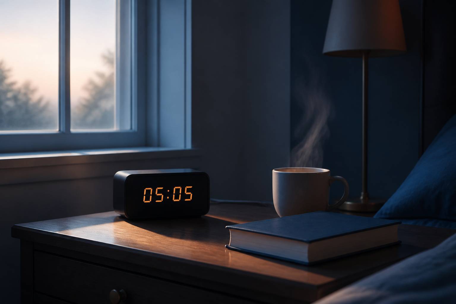 Réveil numérique affichant 05h05 dans une chambre à l'aube