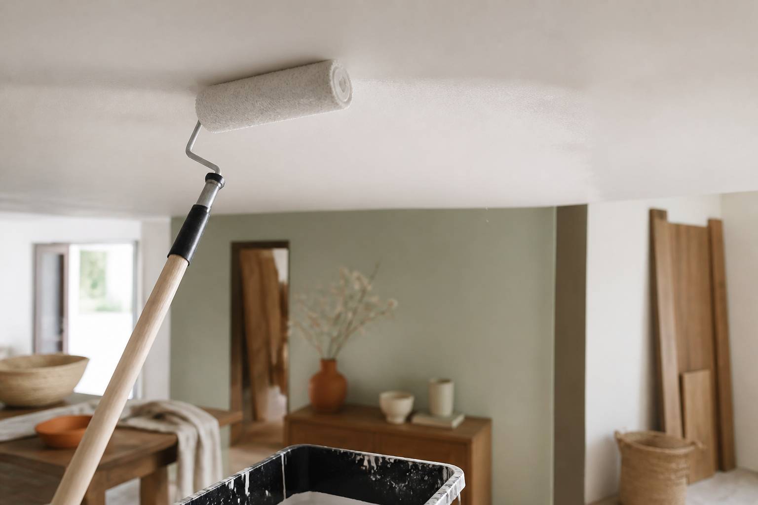 Rouleau appliquant de la peinture blanche sur un plafond
