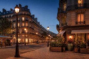 Rue de ville française générique au crépuscule avec immeubles éclairés
