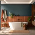 Salle de bain colorée avec éclairage LED et baignoire blanche