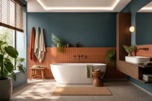 Salle de bain colorée avec éclairage LED et baignoire blanche