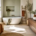 Salle de bains élégante avec sol en grands carreaux de pierre claire et baignoire blanche