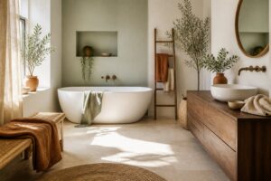 Salle de bains élégante avec sol en grands carreaux de pierre claire et baignoire blanche