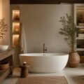 Salle de bains spa avec baignoire îlot et éclairage chaud