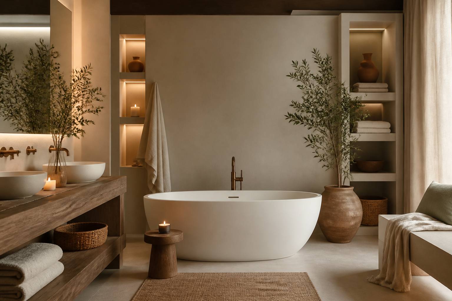 Salle de bains spa avec baignoire îlot et éclairage chaud