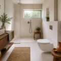 Salle de bains design avec WC suspendus intégrés dans un coffrage carrelé