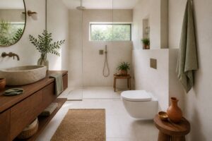 Salle de bains design avec WC suspendus intégrés dans un coffrage carrelé