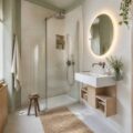 Petite salle d'eau aménagée avec vasque et meuble étroit en bois