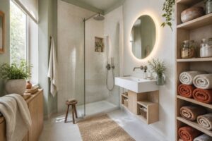 Petite salle d'eau aménagée avec vasque et meuble étroit en bois