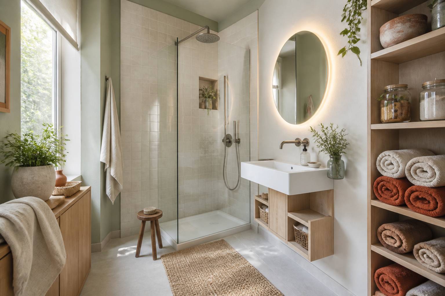 Petite salle d'eau aménagée avec vasque et meuble étroit en bois