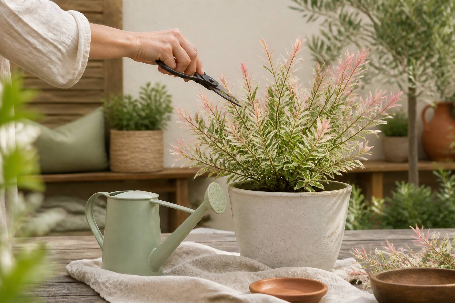 Main taillant les jeunes pousses roses d'un saule crevette en pot