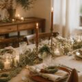 Table de Noël décorée à la main avec eucalyptus et bougies en bocaux